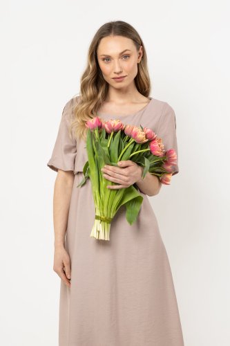 Zwiewna sukienka midi z krótkimi rękawami Beżowa