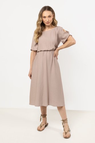 Zwiewna sukienka midi z krótkimi rękawami Beżowa
