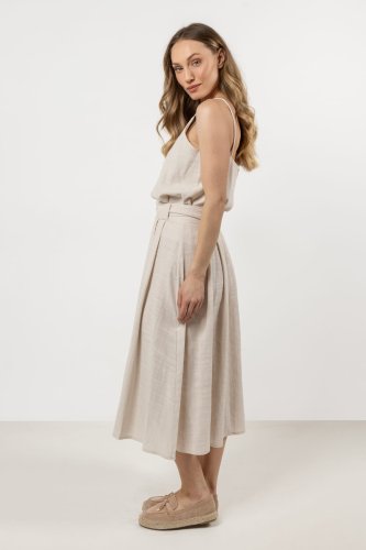Rozkloszowana bawełniana spódnica midi z zakładkami Beżowa