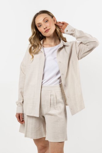 Bawełniana, luźna koszula na stójce Beżowa