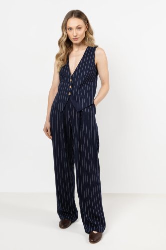 Spodnie lniane z szerokimi nogawkami w delikatne prążki Granatowe