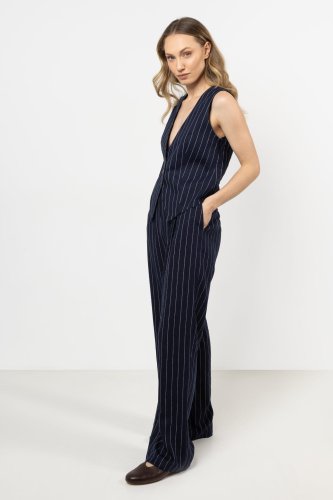 Spodnie lniane z szerokimi nogawkami w delikatne prążki Granatowe