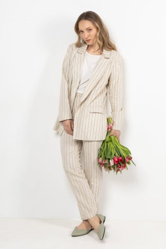 Lniane spodnie cygaretki w prążek Mocca