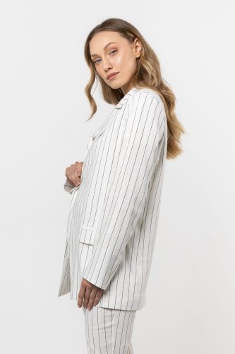 Marynarka lniana w delikatne prążki Śmietankowa