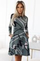 576-1 Sweterkowa trapezowa sukienka z paskiem - OLIWKOWA w czarno-beżowy wzór-5 11312