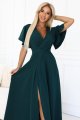 581-8 JENNIFER długa suknia z rozcięciem na nogę, rękawkiem i dekoltem - zieleń butelkowa-5 11507 