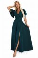 581-8 JENNIFER długa suknia z rozcięciem na nogę, rękawkiem i dekoltem - zieleń butelkowa-10 11507 