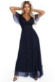 635-3 MELANIA długa błyszcząca suknia z dekoltem i krótkim rękawkiem - granatowa-8 11702 