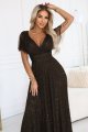 635-4 MELANIA długa błyszcząca suknia z dekoltem i krótkim rękawkiem - czekolada-4 11704 