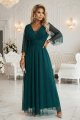 654-1 Długa połyskująca sukienka plus size z dekoltem i transparentnym rękawkiem - zieleń butelkowa-5 11745 