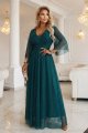 654-1 Długa połyskująca sukienka plus size z dekoltem i transparentnym rękawkiem - zieleń butelkowa-10 11745 