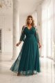 654-1 Długa połyskująca sukienka plus size z dekoltem i transparentnym rękawkiem - zieleń butelkowa-11 11745 