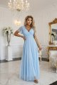 635-6 MELANIA długa błyszcząca suknia z dekoltem i krótkim rękawkiem - błękitna-7 11791 