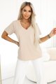665-3 Bawełniana bluzka damska z dekoltem V i krótkim rękawkiem - beżowa-4 11797 