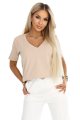 665-3 Bawełniana bluzka damska z dekoltem V i krótkim rękawkiem - beżowa-10 11797 