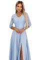 309-15 AMBER elegancka długa koronkowa suknia z dekoltem - błękitna-11 11814 