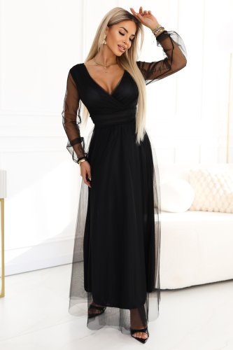 664-3 Długa sukienka maxi z tiulowymi rękawami i kopertowym dekoltem - czarna
