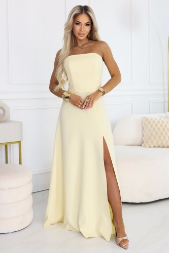 663-3 ELARA gorsetowa sukienka maxi z rozcięciem i wiązaniem na plecach - masełkowy żółty