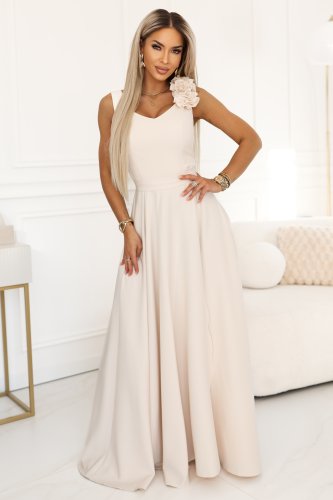 643-3 Elegancka wieczorowa suknia maxi z rozcięciem i różami - beżowa