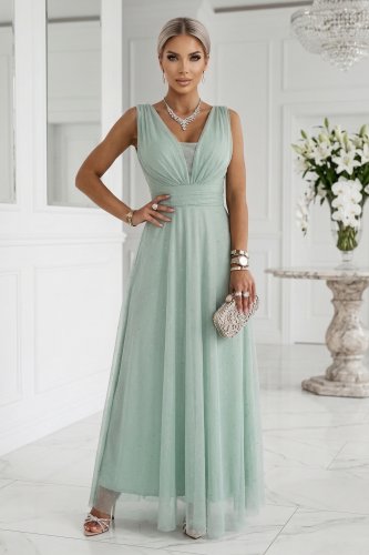 637-5 Długa sukienka maxi z brokatowym akcentem i głębokim dekoltem - pistacjowa