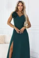 669-1 Romantyczna sukienka maxi z kwiatem na ramieniu i rozcięciem - zieleń butelkowa-5 11864 