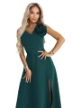 669-1 Romantyczna sukienka maxi z kwiatem na ramieniu i rozcięciem - zieleń butelkowa-10 11864 