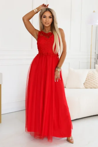 672-5 Romantyczna suknia maxi na wesele z haftowaną koronką i tiulem - czerwona