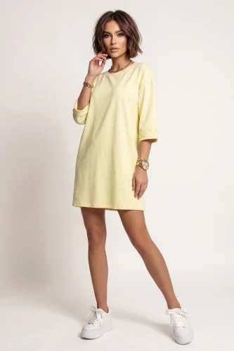 666-2 Bawełniana luźna sukienka oversize z krótkim rękawem - masełkowy żółty