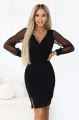 674-1 Elegancka dopasowana sukienka z kopertowym dekoltem, tiulowymi rękawami i rozcięciem - czarna-1 11966 