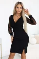 674-1 Elegancka dopasowana sukienka z kopertowym dekoltem, tiulowymi rękawami i rozcięciem - czarna-3 11966 
