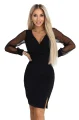 674-1 Elegancka dopasowana sukienka z kopertowym dekoltem, tiulowymi rękawami i rozcięciem - czarna-8 11966 
