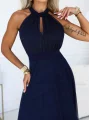 662-3 Elegancka sukienka wieczorowa maxi halter z tiulem i wiązaniem w talii - granatowa-6 11972 