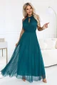 662-4 Elegancka sukienka wieczorowa maxi halter z tiulem i wiązaniem w talii - zielona-1 12015 