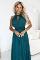 662-4 Elegancka sukienka wieczorowa maxi halter z tiulem i wiązaniem w talii - zielona-2 12015 