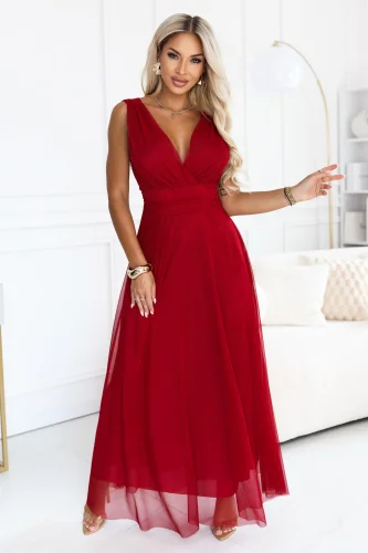 687-2 Elegancka sukienka maxi z kopertowym dekoltem i odkrytymi plecami - jasne bordo
