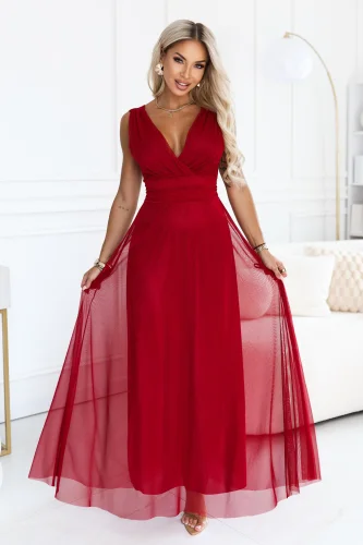 687-2 Elegancka sukienka maxi z kopertowym dekoltem i odkrytymi plecami - jasne bordo