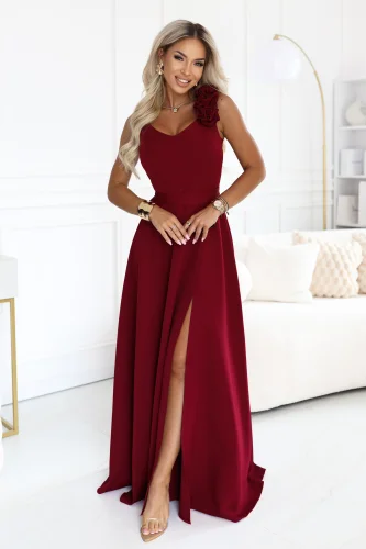 643-9 Elegancka wieczorowa suknia maxi z rozcięciem i różami - bordowa