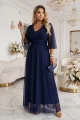 654-7 Długa połyskująca sukienka plus size z dekoltem i transparentnym rękawkiem - granatowa-1 12056 