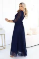 654-7 Długa połyskująca sukienka plus size z dekoltem i transparentnym rękawkiem - granatowa-4 12056 