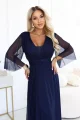 654-7 Długa połyskująca sukienka plus size z dekoltem i transparentnym rękawkiem - granatowa-5 12056 