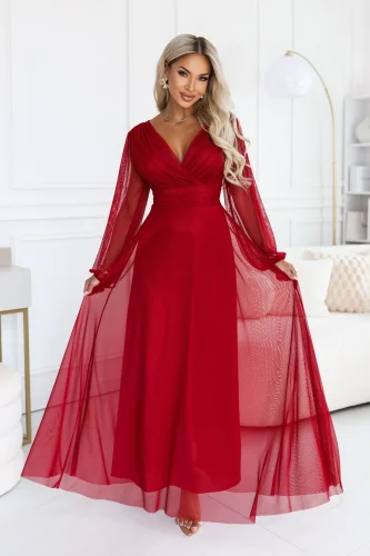 684-1 NERISSA elegancka tiulowa sukienka maxi z kopertowym dekoltem - jasne bordo