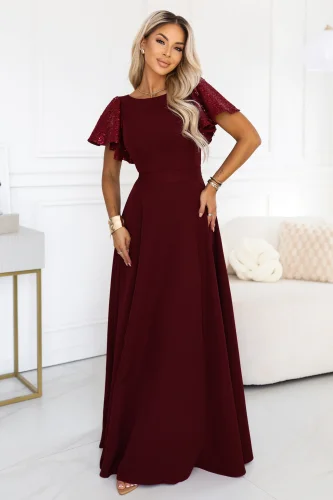 694-3 MIRELLA Elegancka rozkloszowana sukienka maxi z cekinowymi rękawami - bordowa