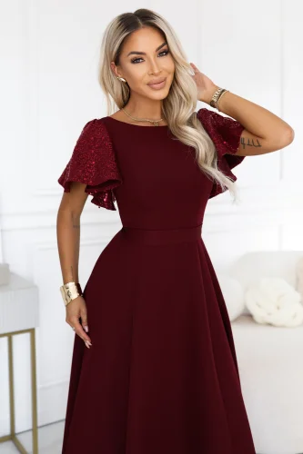 694-3 MIRELLA Elegancka rozkloszowana sukienka maxi z cekinowymi rękawami - bordowa