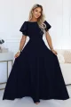 694-4 MIRELLA Elegancka rozkloszowana sukienka maxi z cekinowymi rękawkami - granatowa-1 12104 