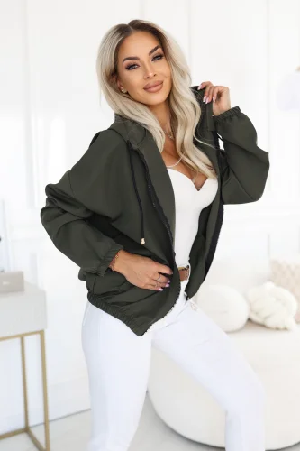 691-4 Rozpinana bluza damska z kapturem i ozdobnym zamkiem - khaki