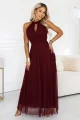 662-5 Elegancka sukienka wieczorowa maxi halter z tiulem i wiązaniem w talii - bordowa-1 12140 