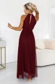 662-5 Elegancka sukienka wieczorowa maxi halter z tiulem i wiązaniem w talii - bordowa-3 12140 