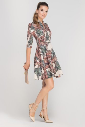 Rozkloszowana Sukienka Wzór Liście LSUK147