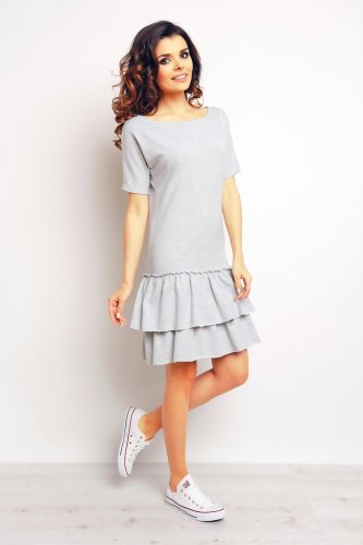 Sukienka Dzienna z Falbanami Szara M094