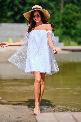 Sukienka z Tiulu w Groszki Biała AW355